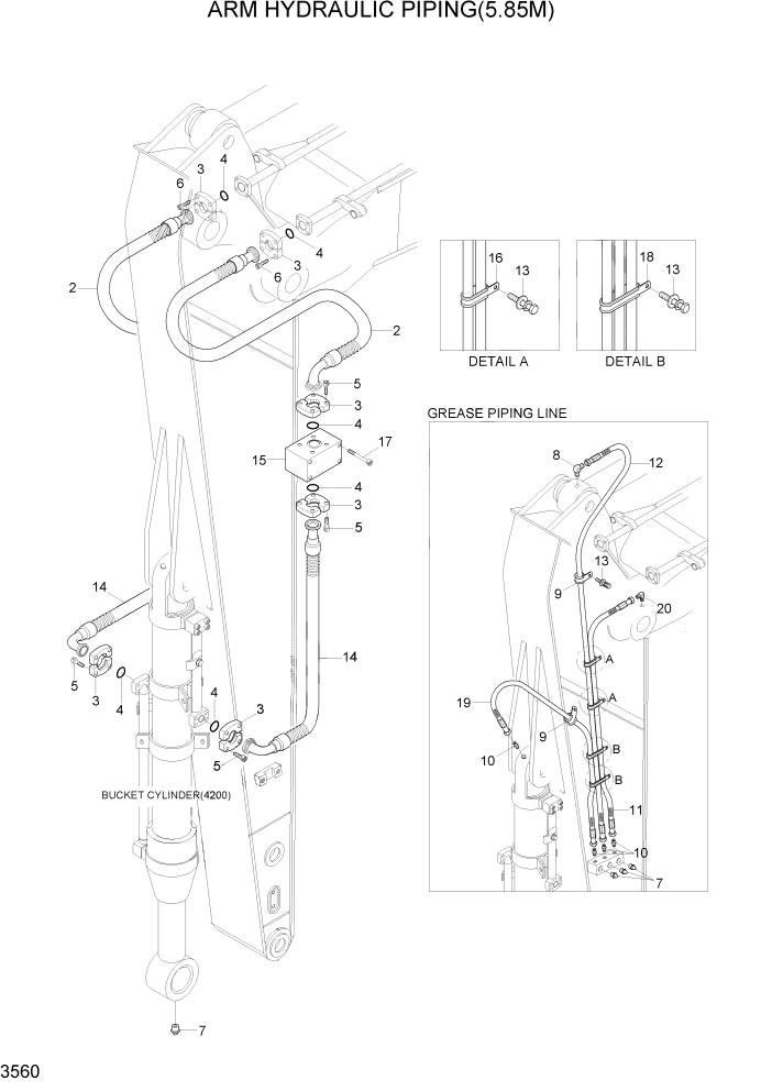 Схема запчастей Hyundai R450LC7A - PAGE 3560 ARM HYDRAULIC PIPING(5.85M) ГИДРАВЛИЧЕСКАЯ СИСТЕМА