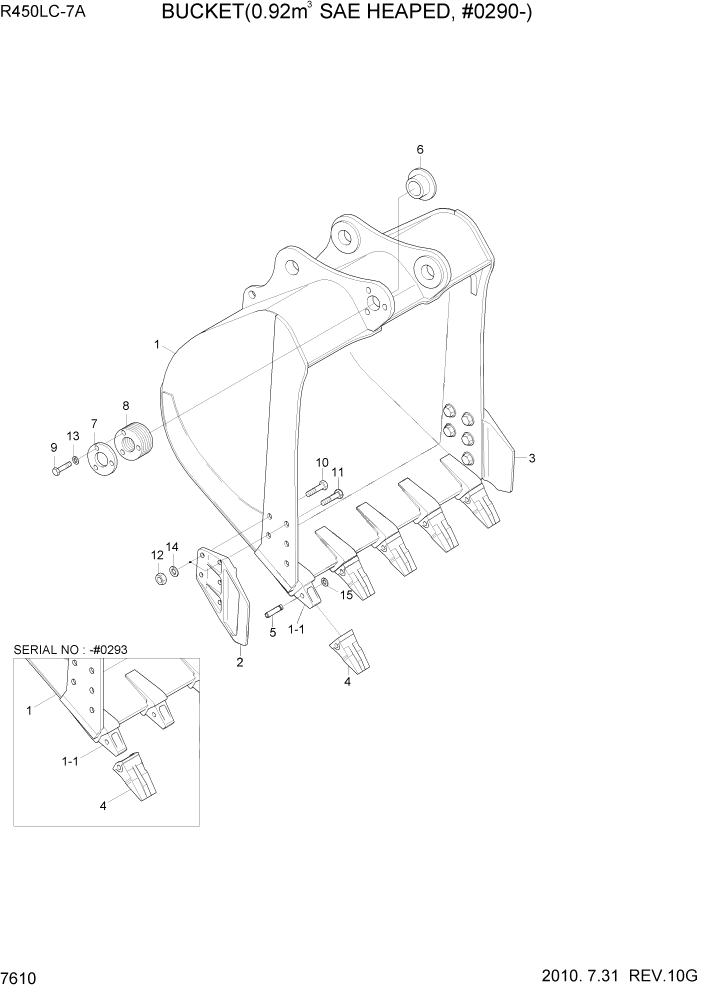 Схема запчастей Hyundai R450LC7A - PAGE 7610 BUCKET(0.92M3 SAE HEAPED, #0290-) РАБОЧЕЕ ОБОРУДОВАНИЕ