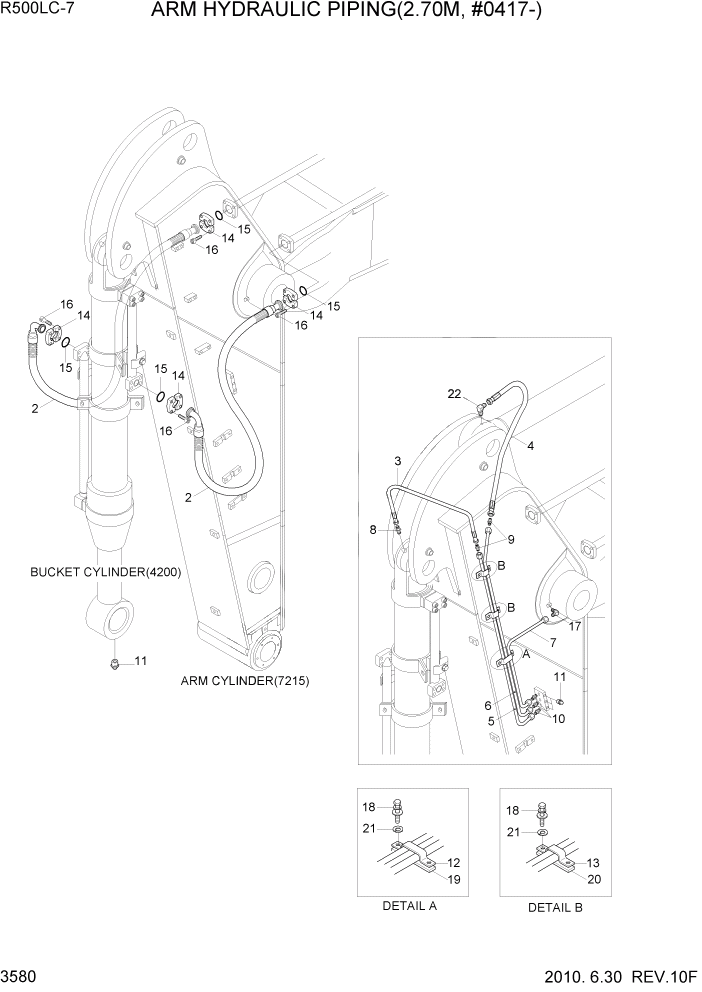 Схема запчастей Hyundai R500LC7 - PAGE 3580 ARM HYDRAULIC PIPING(2.70M, #0417-) ГИДРАВЛИЧЕСКАЯ СИСТЕМА