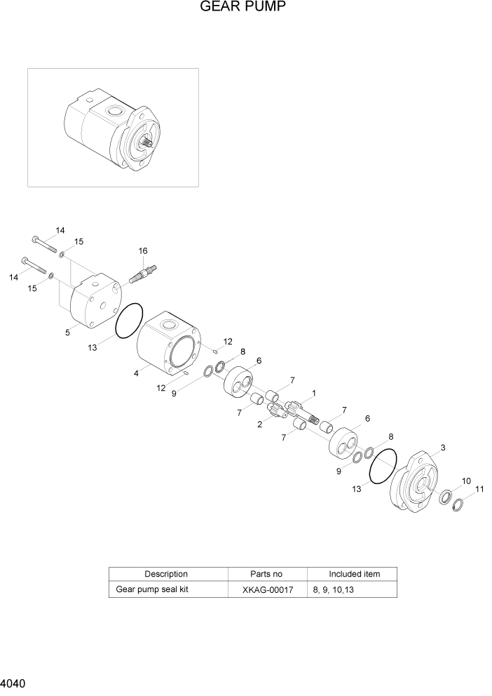 Схема запчастей Hyundai R500LC7 - PAGE 4040 GEAR PUMP ГИДРАВЛИЧЕСКИЕ КОМПОНЕНТЫ