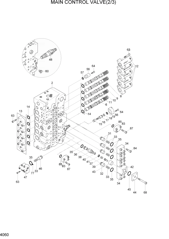 Схема запчастей Hyundai R500LC7 - PAGE 4060 MAIN CONTROL VALVE(2/3) ГИДРАВЛИЧЕСКИЕ КОМПОНЕНТЫ