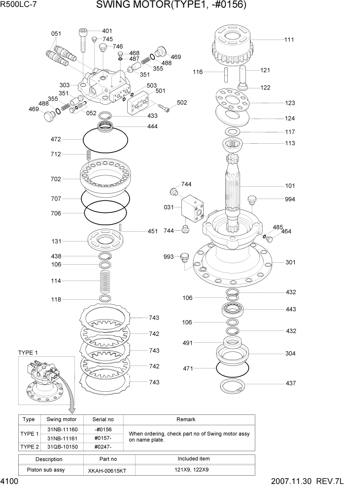 Схема запчастей Hyundai R500LC7 - PAGE 4100 SWING MOTOR(TYPE1, -#0156) ГИДРАВЛИЧЕСКИЕ КОМПОНЕНТЫ