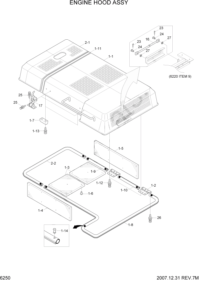 Схема запчастей Hyundai R500LC7 - PAGE 6250 ENGINE HOOD ASSY СТРУКТУРА