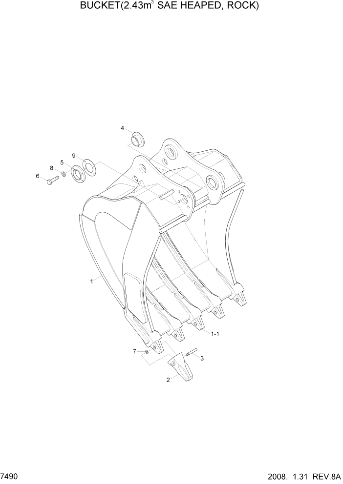 Схема запчастей Hyundai R500LC7 - PAGE 7490 BUCKET(2.43M3 SAE HEAPED, ROCK) РАБОЧЕЕ ОБОРУДОВАНИЕ