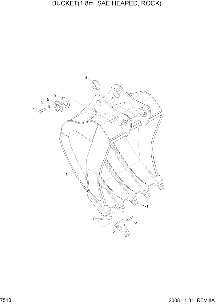 Схема запчастей Hyundai R500LC7 - PAGE 7510 BUCKET(1.80M3 SAE HEAPED, ROCK) РАБОЧЕЕ ОБОРУДОВАНИЕ