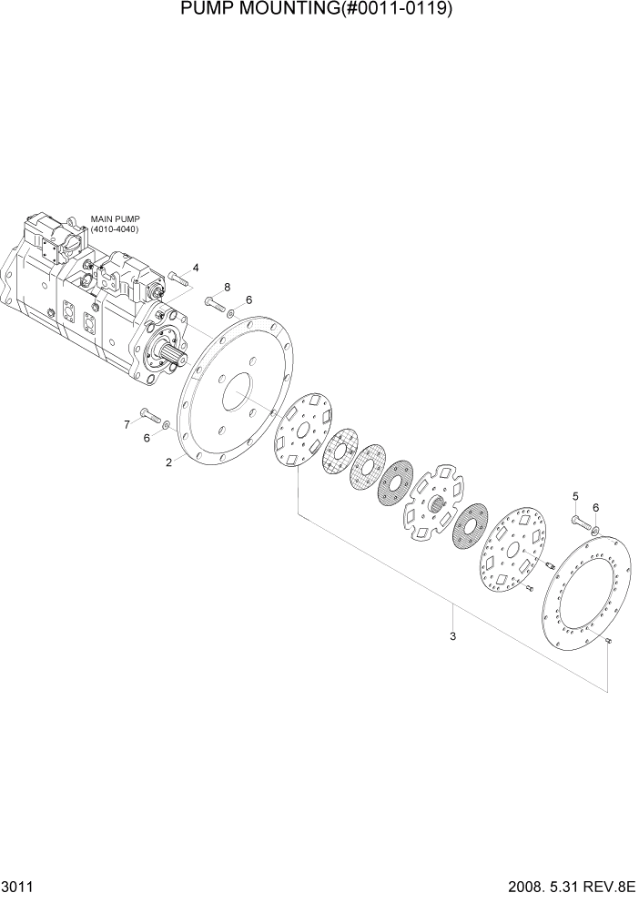 Схема запчастей Hyundai R500LC7A - PAGE 3011 PUMP MOUNTING(#0011-0119) ГИДРАВЛИЧЕСКАЯ СИСТЕМА