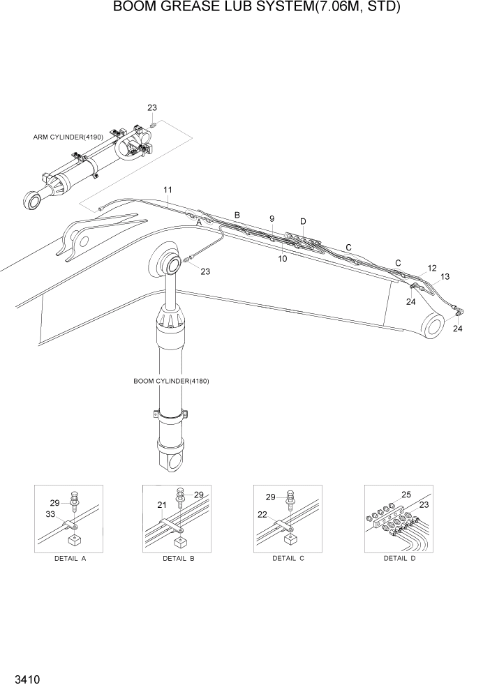 Схема запчастей Hyundai R500LC7A - PAGE 3410 BOOM GREASE LUB SYS(7.06M, STD, -#0075) ГИДРАВЛИЧЕСКАЯ СИСТЕМА