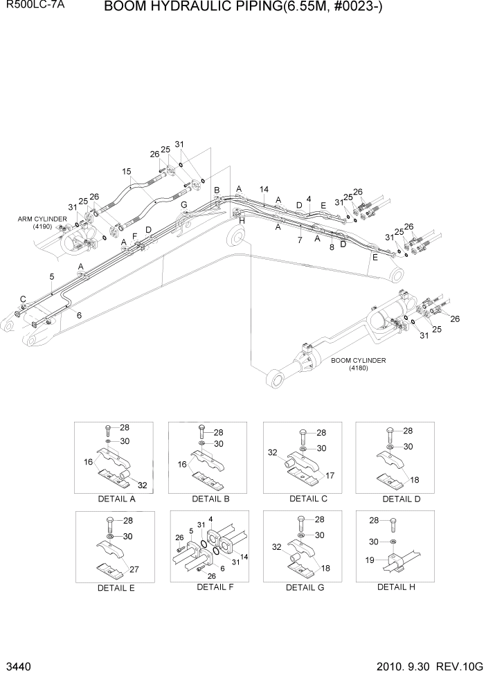 Схема запчастей Hyundai R500LC7A - PAGE 3440 BOOM HYDRAULIC PIPING(6.55M, #0023-) ГИДРАВЛИЧЕСКАЯ СИСТЕМА