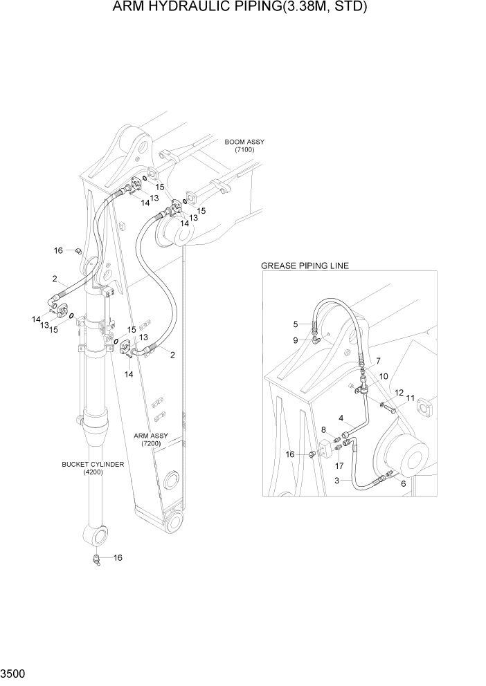 Схема запчастей Hyundai R500LC7A - PAGE 3500 ARM HYDRAULIC PIPING(3.38M, STD) ГИДРАВЛИЧЕСКАЯ СИСТЕМА