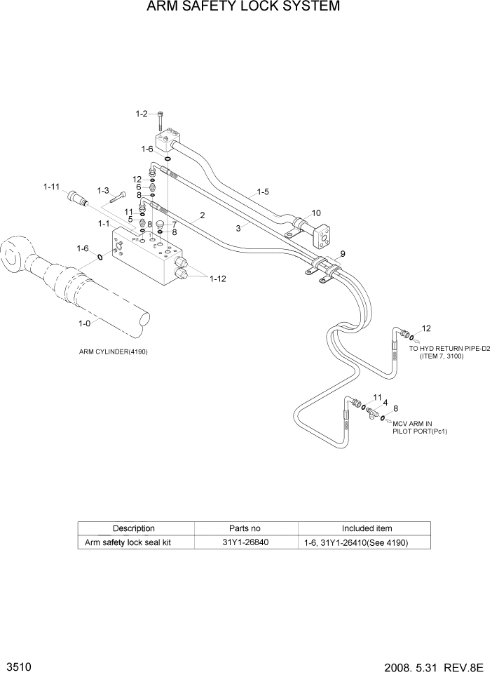Схема запчастей Hyundai R500LC7A - PAGE 3510 ARM SAFETY LOCK SYSTEM ГИДРАВЛИЧЕСКАЯ СИСТЕМА