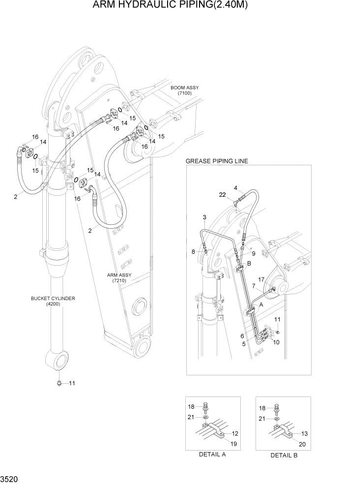 Схема запчастей Hyundai R500LC7A - PAGE 3520 ARM HYDRAULIC PIPING(2.40M) ГИДРАВЛИЧЕСКАЯ СИСТЕМА