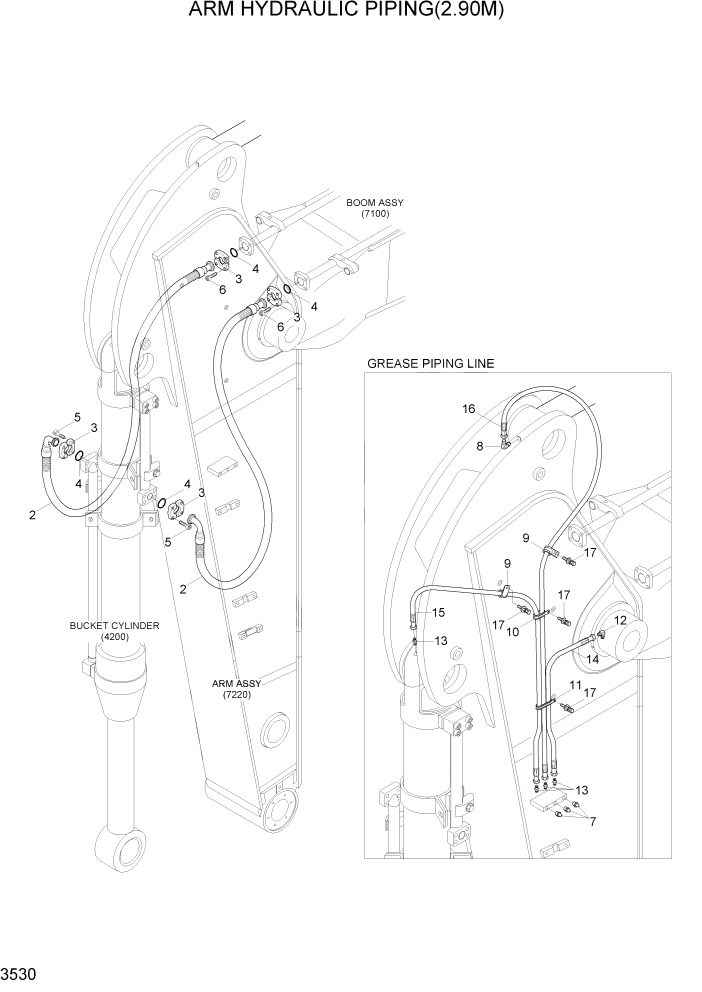 Схема запчастей Hyundai R500LC7A - PAGE 3530 ARM HYDRAULIC PIPING(2.90M) ГИДРАВЛИЧЕСКАЯ СИСТЕМА