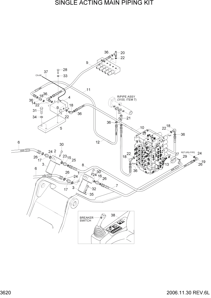 Схема запчастей Hyundai R500LC7A - PAGE 3620 SINGLE ACTING MAIN PIPING KIT ГИДРАВЛИЧЕСКАЯ СИСТЕМА