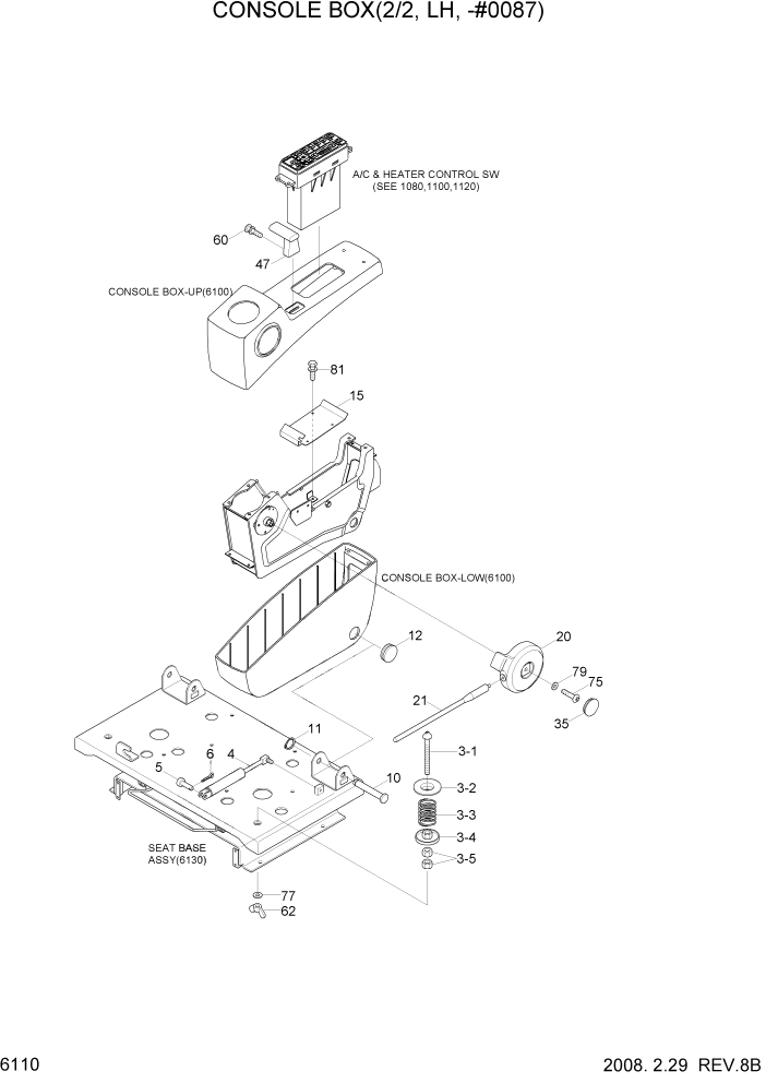 Схема запчастей Hyundai R500LC7A - PAGE 6110 CONSOLE BOX 2(LH, -#0087) СТРУКТУРА