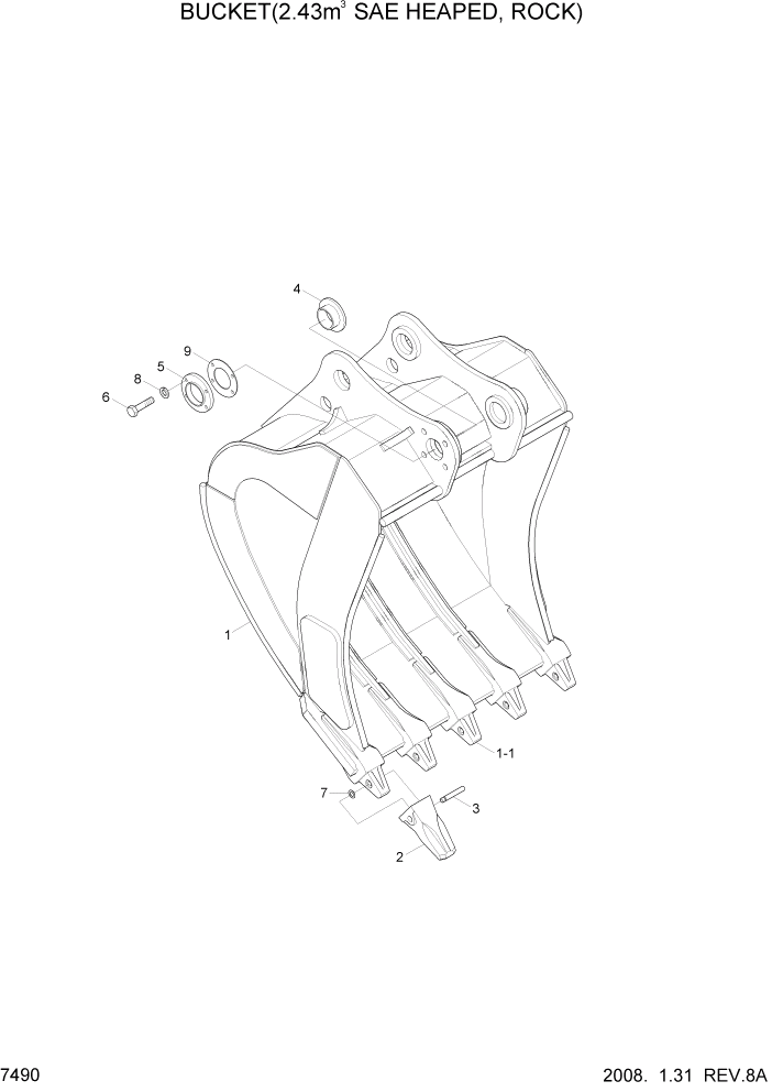 Схема запчастей Hyundai R500LC7A - PAGE 7490 BUCKET(2.43M3 SAE HEAPED, ROCK) РАБОЧЕЕ ОБОРУДОВАНИЕ