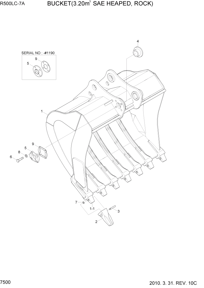 Схема запчастей Hyundai R500LC7A - PAGE 7500 BUCKET(3.20M3 SAE HEAPED, ROCK) РАБОЧЕЕ ОБОРУДОВАНИЕ