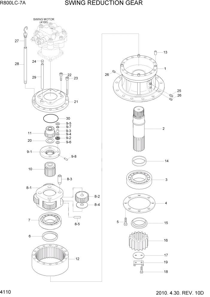 Схема запчастей Hyundai R800LC7A - PAGE 4110 SWING REDUCTION GEAR ГИДРАВЛИЧЕСКИЕ КОМПОНЕНТЫ