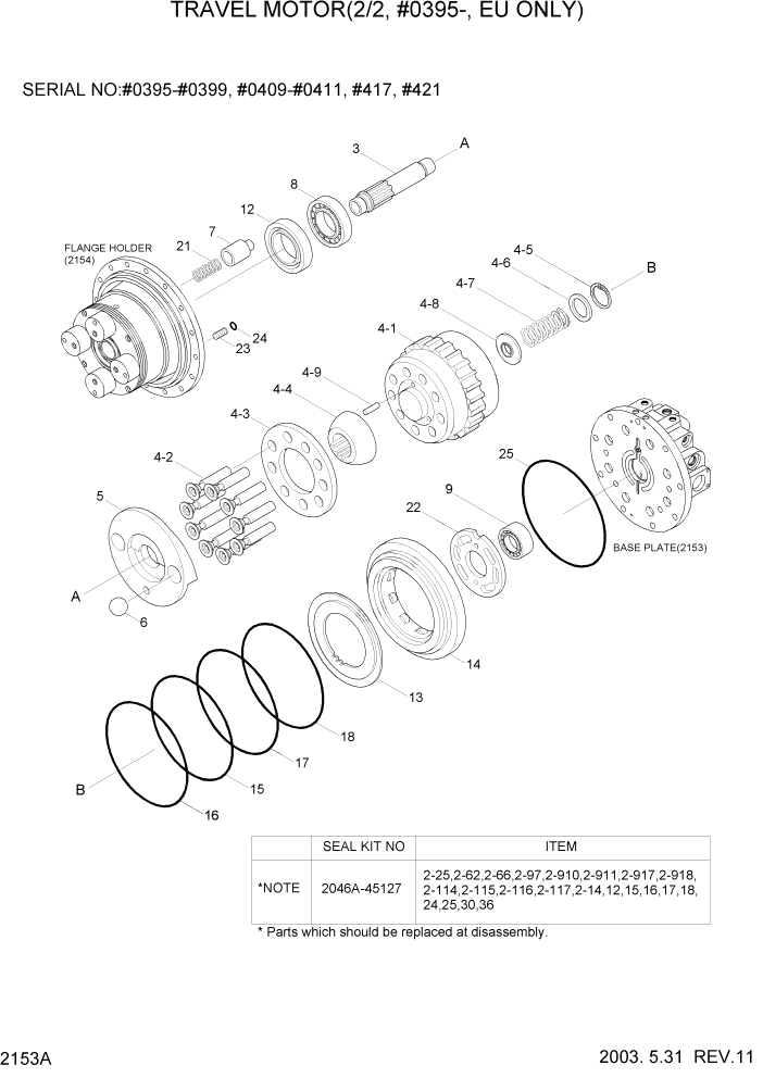 Схема запчастей Hyundai R160LC3 - PAGE 2153A TRAVEL MOTOR(2/2, #0395-, EU ONLY) ГИДРАВЛИЧЕСКАЯ СИСТЕМА