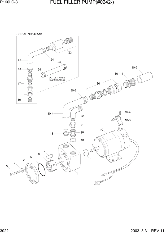 Схема запчастей Hyundai R160LC3 - PAGE 3022 FUEL FILLER PUMP(#0242-) ЭЛЕКТРИЧЕСКАЯ СИСТЕМА