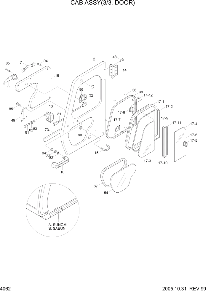 Схема запчастей Hyundai R160LC3 - PAGE 4062 CAB ASSY(3/3, DOOR) ВЕРХНЯЯ ЧАСТЬ