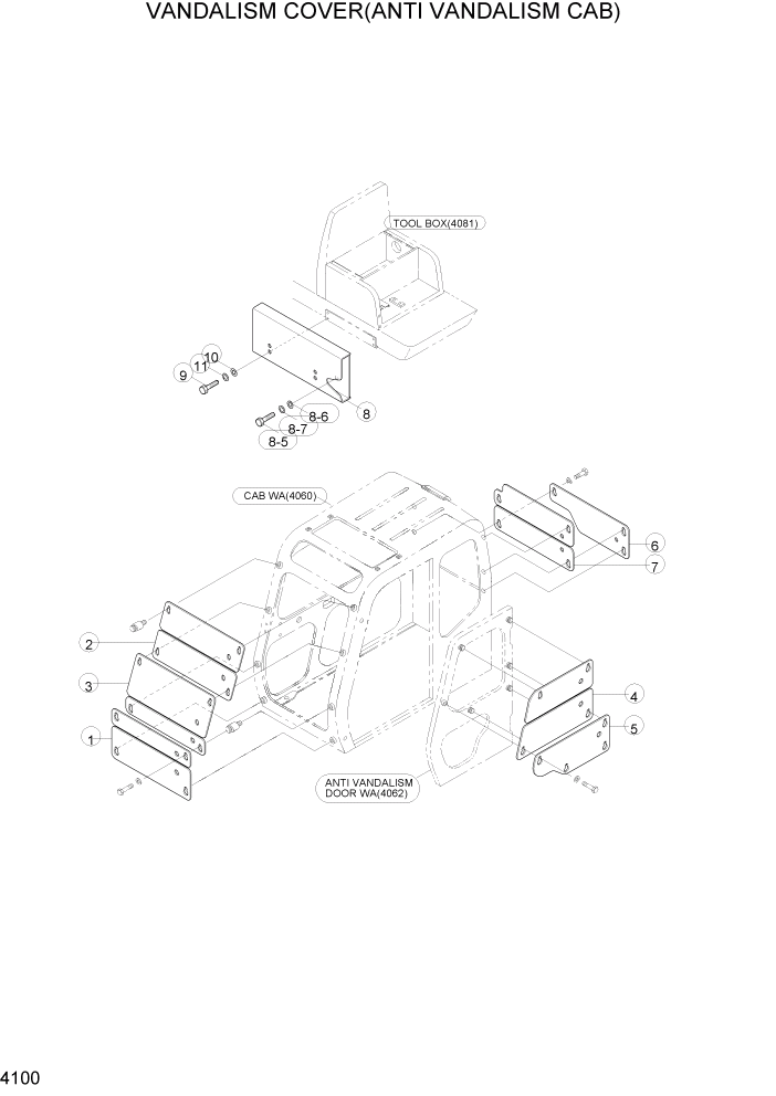 Схема запчастей Hyundai R160LC3 - PAGE 4100 VANDALISM COVER(A/VANDAL CAB) ВЕРХНЯЯ ЧАСТЬ