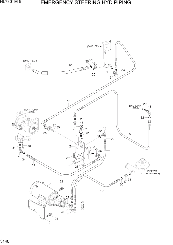 Схема запчастей Hyundai HL730TM-9 - PAGE 3140 EMERGENCY STEERING HYD PIPING ГИДРАВЛИЧЕСКАЯ СИСТЕМА