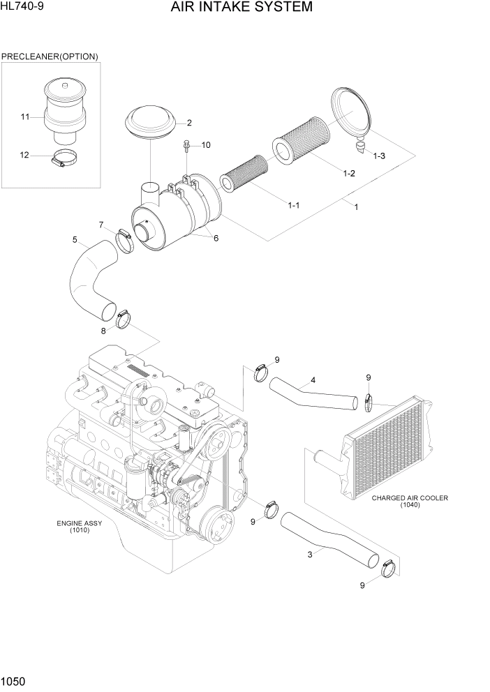 Схема запчастей Hyundai HL740-9 - PAGE 1050 AIR INTAKE SYSTEM СИСТЕМА ДВИГАТЕЛЯ