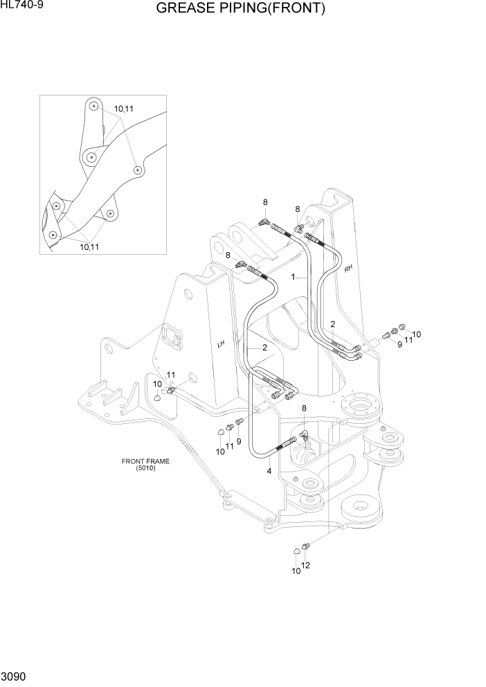 Схема запчастей Hyundai HL740-9 - PAGE 3090 GREASE PIPING(FRONT) ГИДРАВЛИЧЕСКАЯ СИСТЕМА