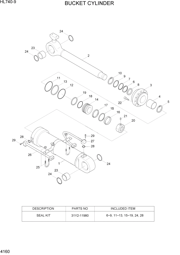Схема запчастей Hyundai HL740-9 - PAGE 4160 BUCKET CYLINDER ГИДРАВЛИЧЕСКИЕ КОМПОНЕНТЫ