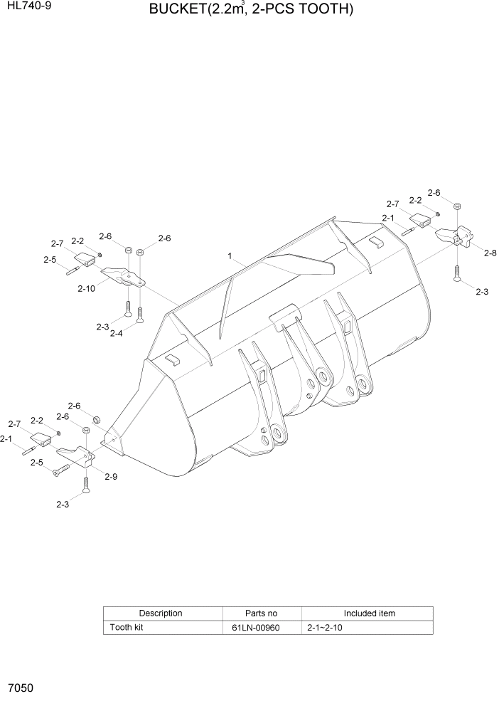 Схема запчастей Hyundai HL740-9 - PAGE 7050 BUCKET(2.2M3, 2-PCS TOOTH) РАБОЧЕЕ ОБОРУДОВАНИЕ
