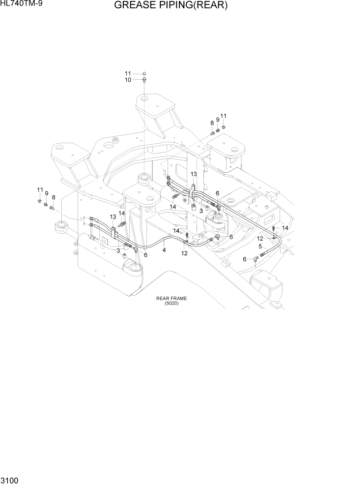 Схема запчастей Hyundai HL740TM-9 - PAGE 3100 GREASE PIPING(REAR) ГИДРАВЛИЧЕСКАЯ СИСТЕМА