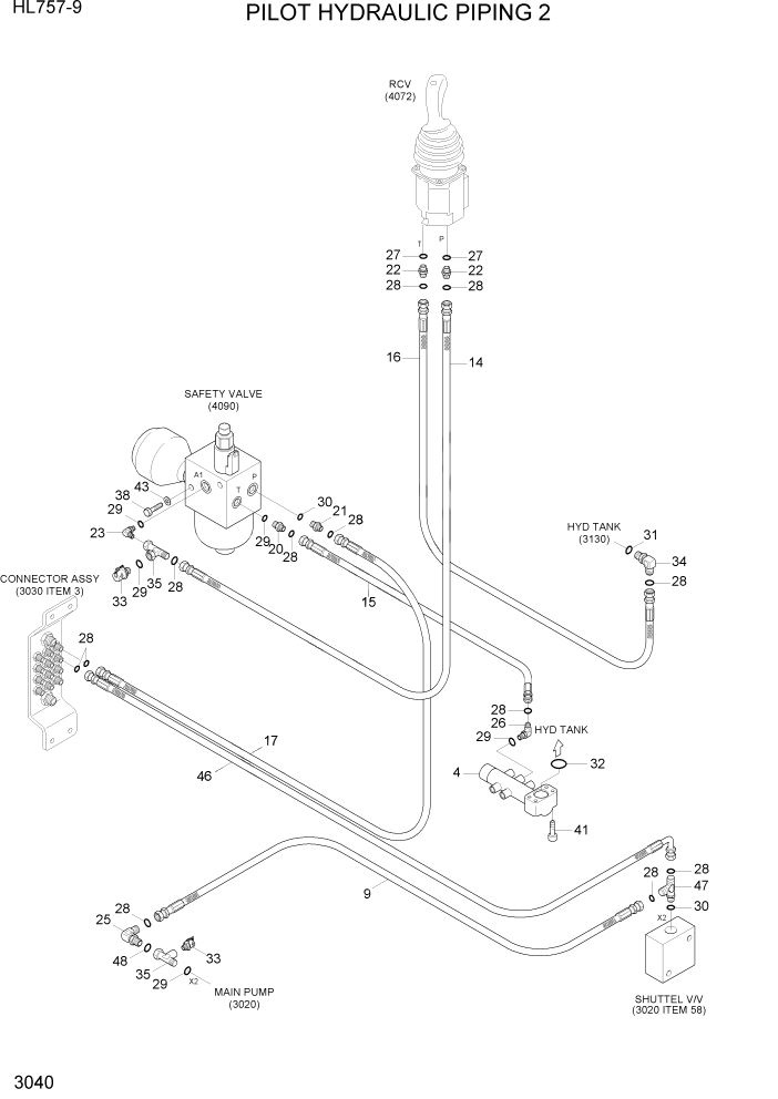 Схема запчастей Hyundai HL757-9 - PAGE 3040 PILOT HYDRAULIC PIPING 2 ГИДРАВЛИЧЕСКАЯ СИСТЕМА