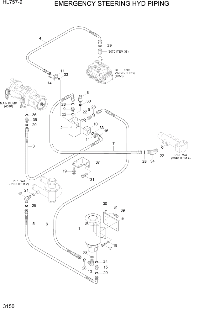 Схема запчастей Hyundai HL757-9 - PAGE 3150 EMERGENCY STEERING HYD PIPING ГИДРАВЛИЧЕСКАЯ СИСТЕМА