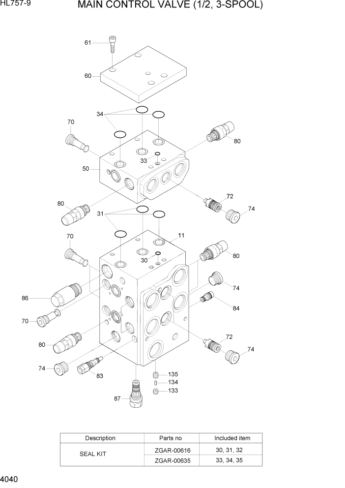 Схема запчастей Hyundai HL757-9 - PAGE 4040 MAIN CONTROL VALVE (1/2, 3-SPOOL) ГИДРАВЛИЧЕСКИЕ КОМПОНЕНТЫ