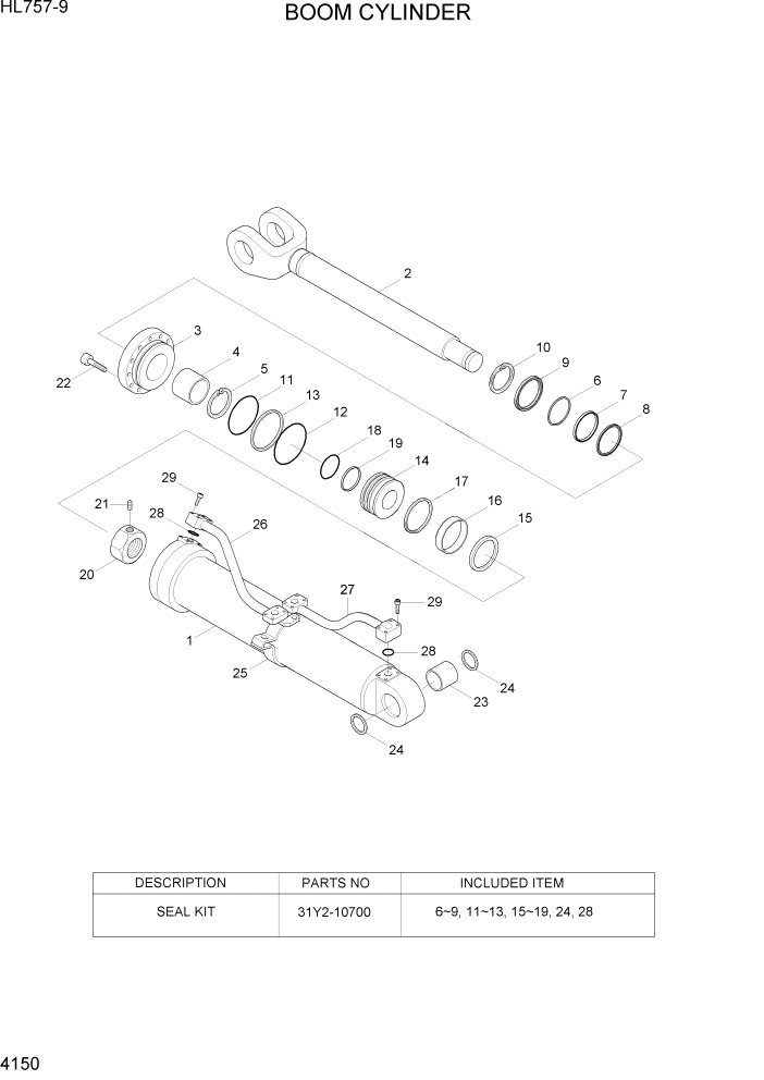 Схема запчастей Hyundai HL757-9 - PAGE 4150 BOOM CYLINDER ГИДРАВЛИЧЕСКИЕ КОМПОНЕНТЫ
