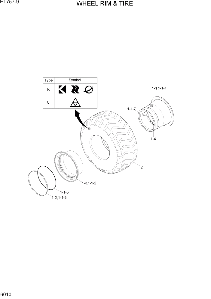 Схема запчастей Hyundai HL757-9 - PAGE 6010 WHEEL RIM & TIRE СИЛОВАЯ СИСТЕМА