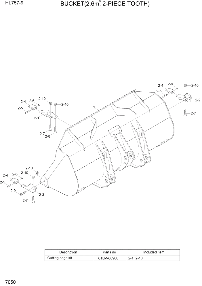 Схема запчастей Hyundai HL757-9 - PAGE 7050 BUCKET(2.6M3, 2-PIECE TOOTH) РАБОЧЕЕ ОБОРУДОВАНИЕ