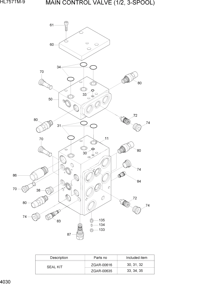 Схема запчастей Hyundai HL757TM-9 - PAGE 4030 MAIN CONTROL VALVE (1/2, 3-SPOOL) ГИДРАВЛИЧЕСКИЕ КОМПОНЕНТЫ