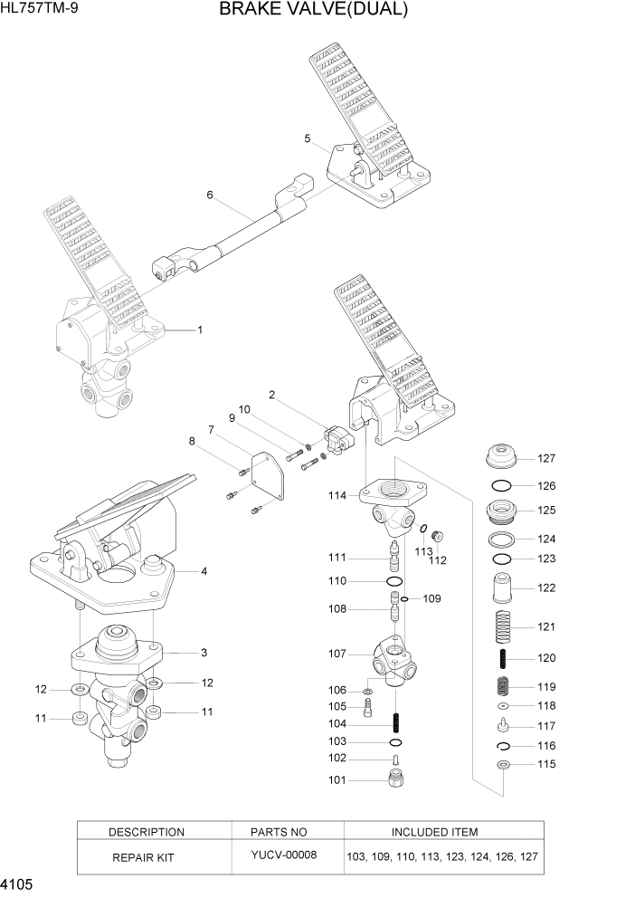 Схема запчастей Hyundai HL757TM-9 - PAGE 4105 BRAKE VALVE(DUAL) ГИДРАВЛИЧЕСКИЕ КОМПОНЕНТЫ