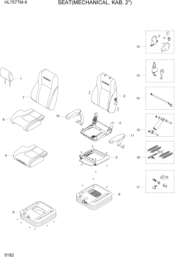 Схема запчастей Hyundai HL757TM-9 - PAGE 5182 SEAT(MECHANICAL, KAB, 2") СТРУКТУРА
