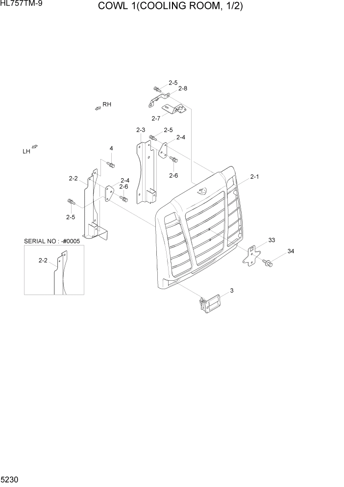 Схема запчастей Hyundai HL757TM-9 - PAGE 5230 COWL 1(COOLING ROOM, 1/2) СТРУКТУРА