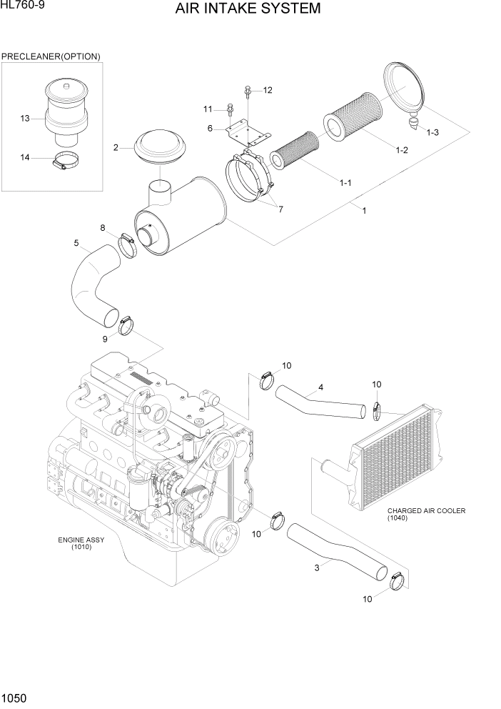 Схема запчастей Hyundai HL760-9 - PAGE 1050 AIR INTAKE SYSTEM СИСТЕМА ДВИГАТЕЛЯ