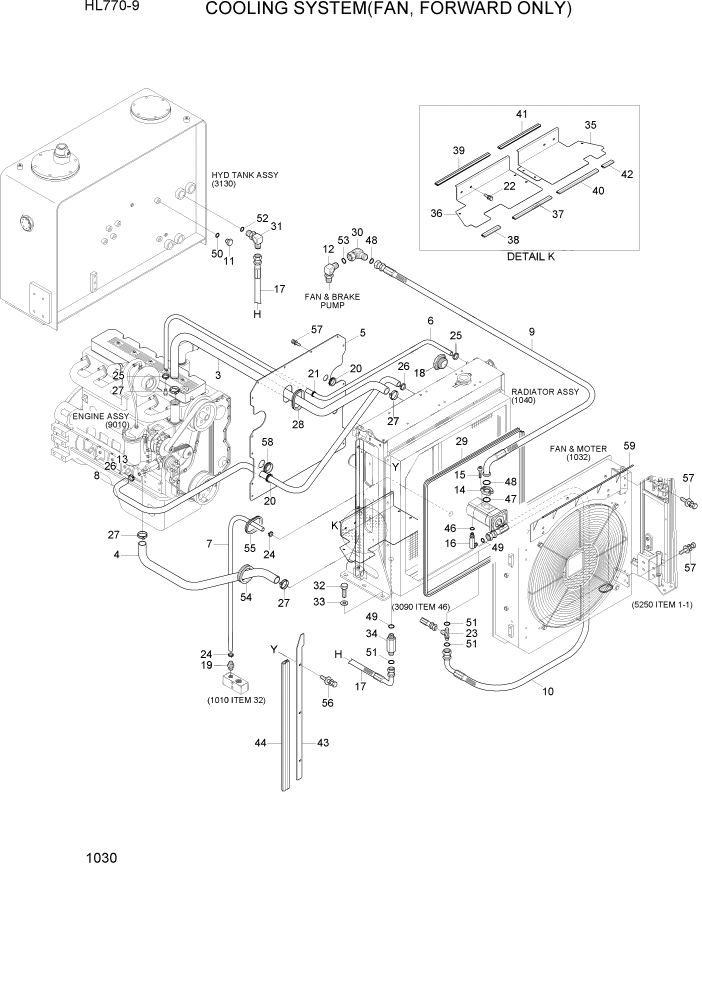 Схема запчастей Hyundai HL770-9 - PAGE 1030 COOLING SYSTEM(FAN, FORWARD ONLY) СИСТЕМА ДВИГАТЕЛЯ