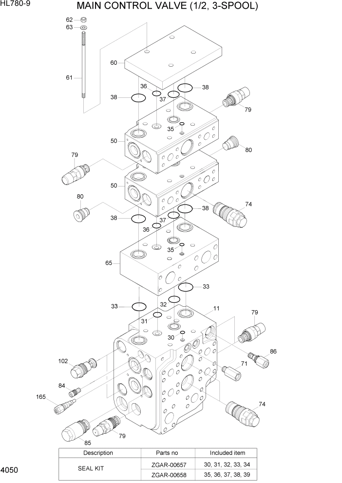 Схема запчастей Hyundai HL780-9 - PAGE 4050 MAIN CONTROL VALVE (1/2, 3-SPOOL) ГИДРАВЛИЧЕСКИЕ КОМПОНЕНТЫ