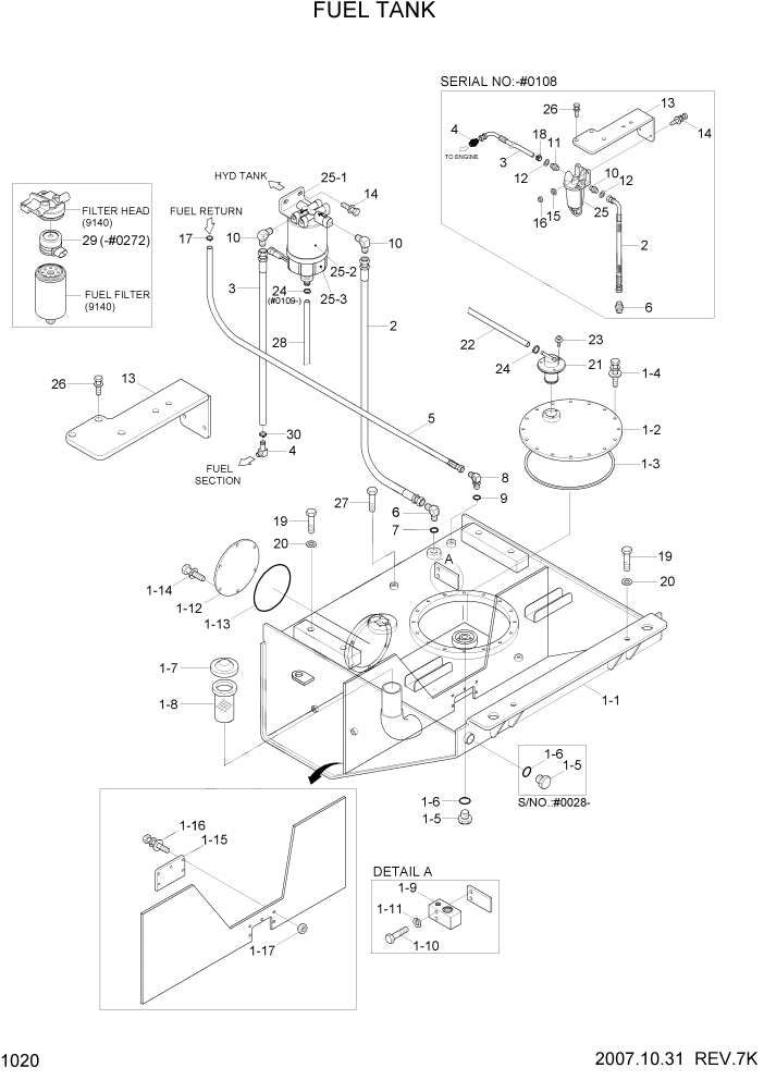 Схема запчастей Hyundai HL730-7 - PAGE 1020 FUEL TANK СИСТЕМА ДВИГАТЕЛЯ