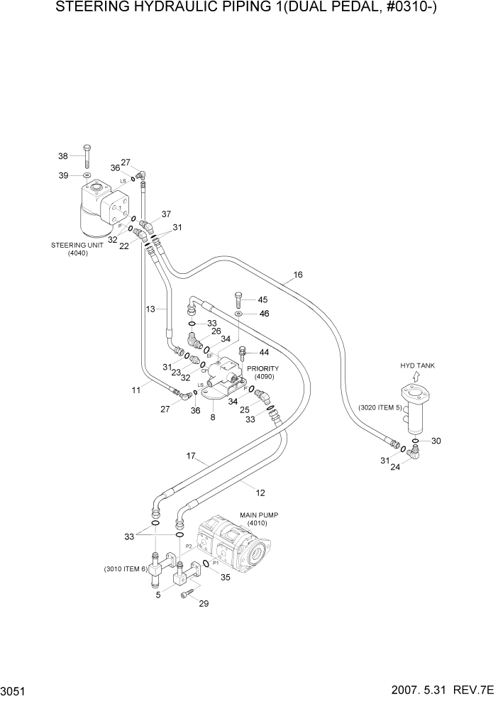 Схема запчастей Hyundai HL730-7 - PAGE 3051 STEERING HYDRAULIC PIPING 1(DUAL PEDAL) ГИДРАВЛИЧЕСКАЯ СИСТЕМА