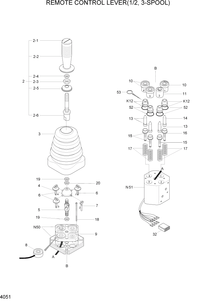 Схема запчастей Hyundai HL730-7 - PAGE 4051 REMOTE CONTROL LEVER(1/2, 3-SPOOL) ГИДРАВЛИЧЕСКИЕ КОМПОНЕНТЫ