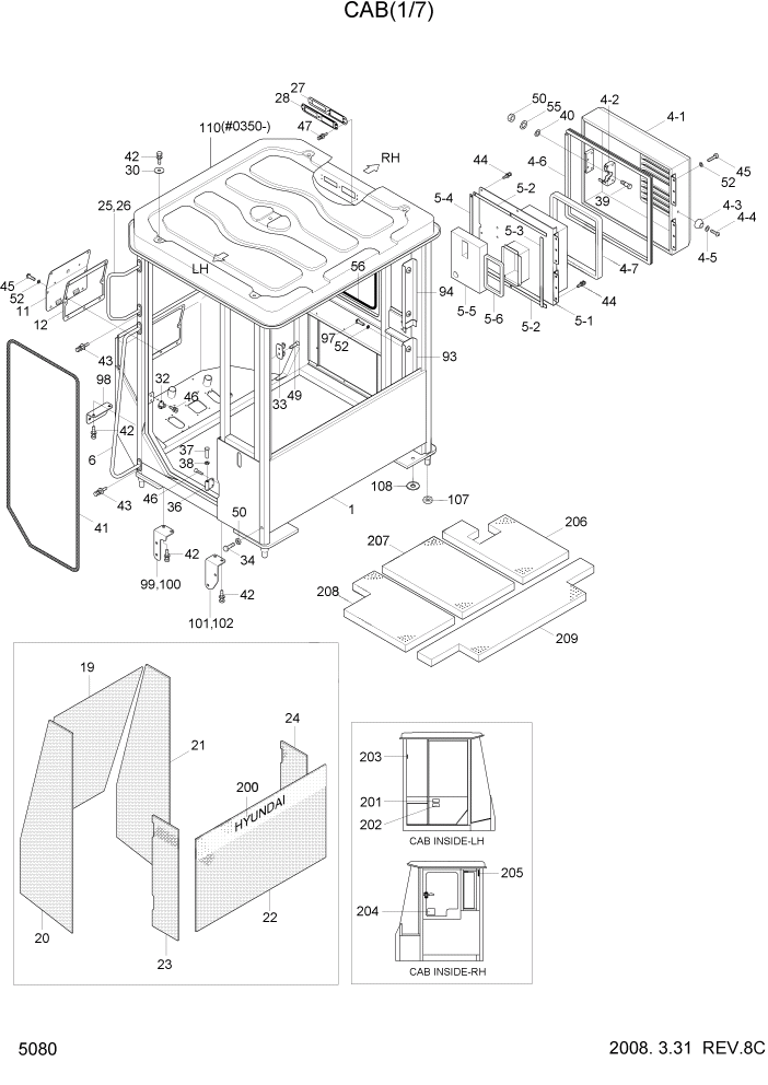 Схема запчастей Hyundai HL730-7 - PAGE 5080 CAB(1/7) СТРУКТУРА