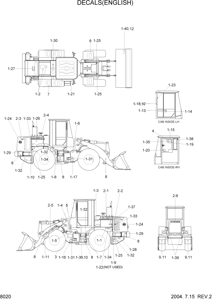 Схема запчастей Hyundai HL730-7 - PAGE 8020 DECALS(ENGLISH, SQUARE COWL TYPE) ДРУГИЕ ЧАСТИ