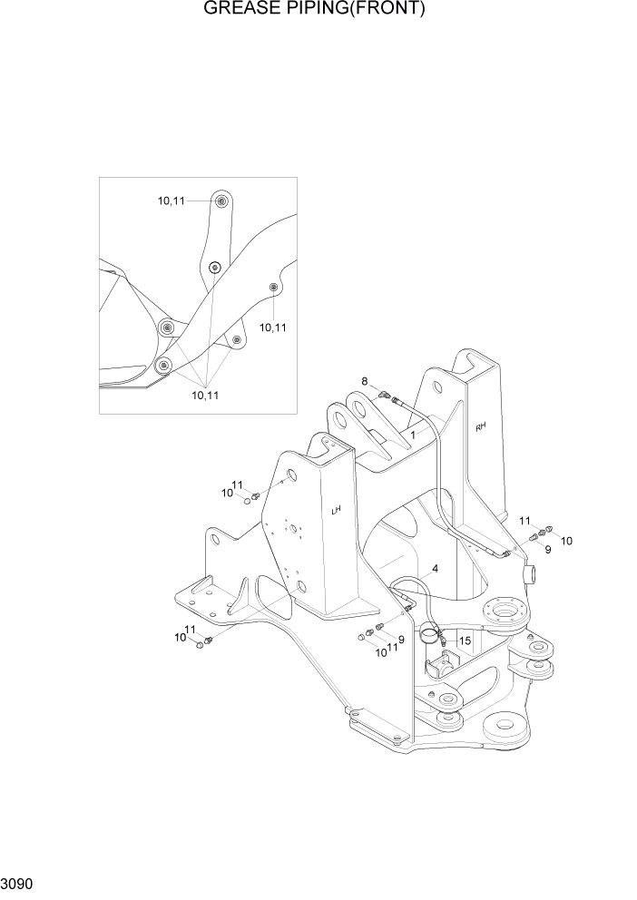 Схема запчастей Hyundai HL730-7A - PAGE 3090 GREASE PIPING(FRONT) ГИДРАВЛИЧЕСКАЯ СИСТЕМА